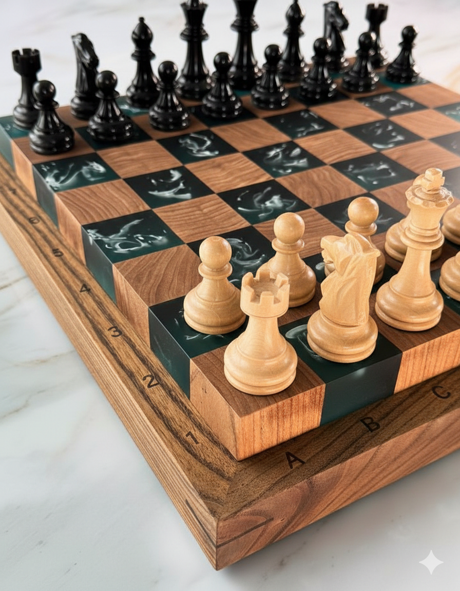 ♟️ Tablă de șah din lemn masiv & rășină epoxidică