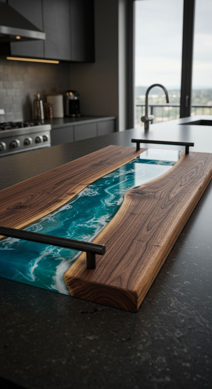 🌊 Platou din lemn masiv cu inserție de rășină epo